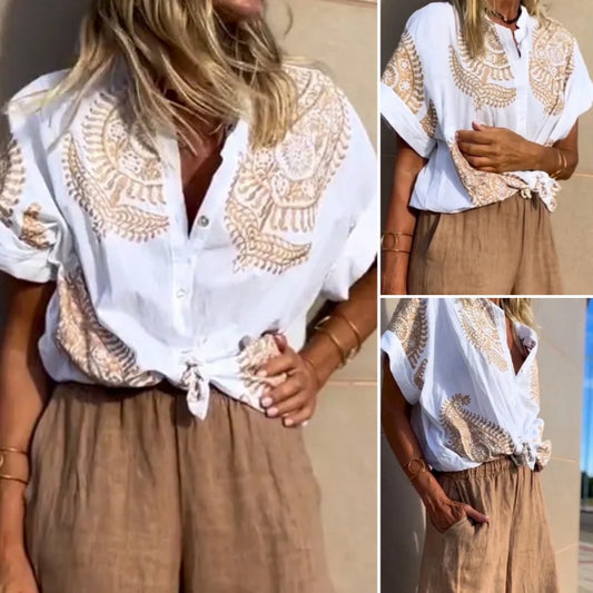 Women's Fashion Printed Button Short Sleeve Shirt